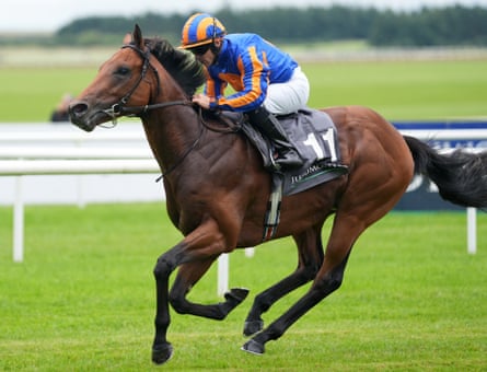The Lion In Winter ridden by jockey Wayne Lordan, on their way to winning 2024’s Irish European Breeders Fund Maiden at the Irish Oaks Weekend at The Curragh.