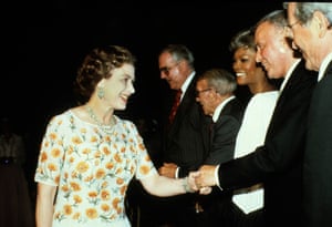 The Queen, Dionne Warwick and Frank Sinatra during a party in Hollywood on 28 February 1983