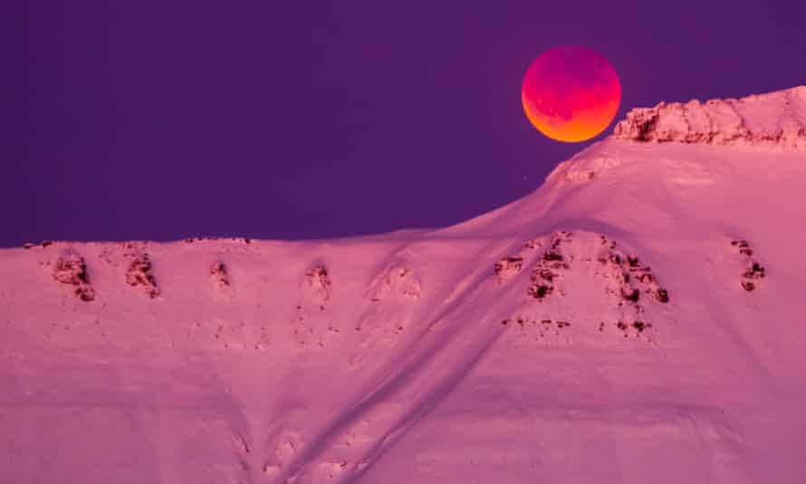 Super blue blood moon over Svalbard, Norway.