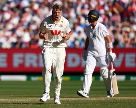 Cameron Green celebrates taking the wicket of Gus Atkinson during the fourth Ashes Test.