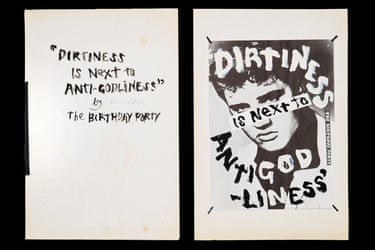 Nick Cave/The Birthday Party, collage for Elemental fanzine, 1981 Nick Cave’s text, Dirtiness is Next to Anti-Godliness, was a perverted advertising line scrached into The Birthday Party’s gothic-inflected single, Release the Bats. The line later appeared in Cave’s novel, And the Ass Saw the Angel. By the 1980s, fanzines had moved on from Sniffin’ Glue, the first house magazine of punk, to more elaborate ways of exploiting photocopying and other methods to disruptive and riotous ends.