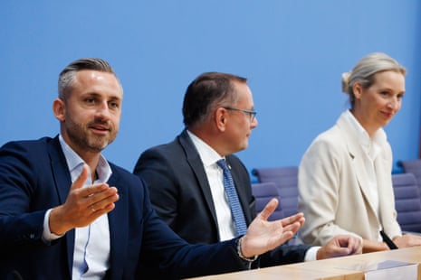 Top candidate of the far-right Alternative for Germany (AfD) party in Saxony-Anhalt Ulrich Siegmund, AfD party and parliamentary group co-chairman Tino Chrupalla, and AfD party and parliamentary group co-chairwoman Alice Weidel address a press conference in Berlin, Germany.