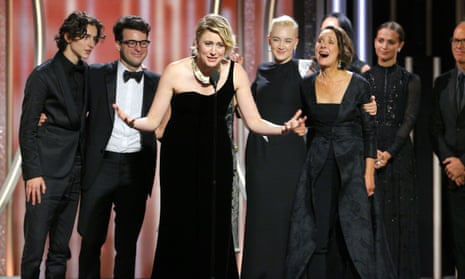 Greta Gerwig, director of Lady Bird, accepts the award for best motion picture comedy or musical at the Golden Globes