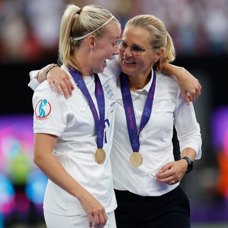England’s manager Sarina Wiegman and player Beth Mead celebrate after winning the Euro 2022 final.