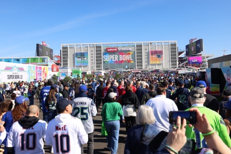 A general view of as fans arrived at Levi's Stadium prior to the start of the Seattle Seahawks versus the New England Patriots Super Bowl LX game on February 8, 2026, at Levi's Stadium in Santa Clara, CA.