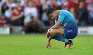 Liverpool v Arsenal - Premier League<br>LIVERPOOL, ENGLAND - AUGUST 27:  Alexis Sanchez of Arsenal reacts during the Premier League match between Liverpool and Arsenal at Anfield on August 27, 2017 in Liverpool, England.  (Photo by Michael Regan/Getty Images)