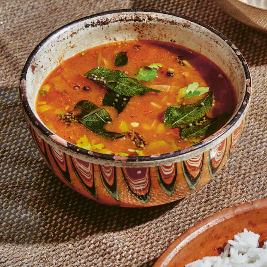 Tomato rasam broth with leek and coriander