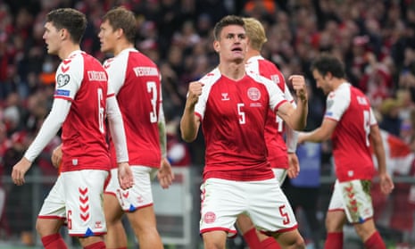 Joakim Mæhle celebrates the goal against Austria last month that sealed Denmark’s place at next year’s World Cup in Qatar.