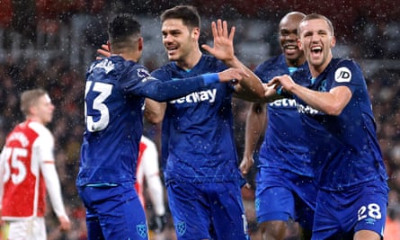 West Ham players celebrate going 2-0 ahead against Arsenal