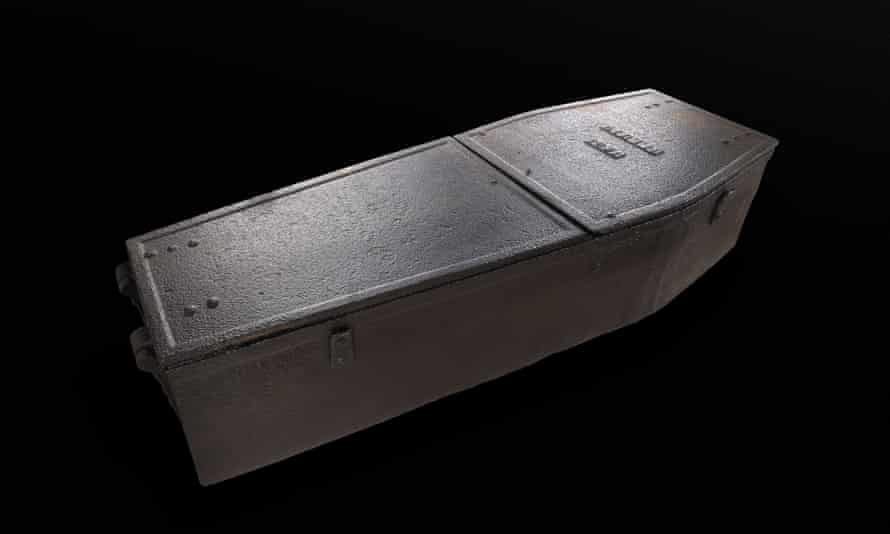 A mortsafe: a tough-looking metal box in the rough shape of a huge coffin
