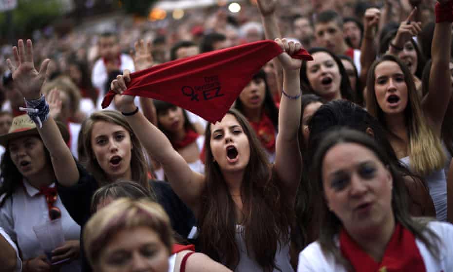 People protest against the surge in sexual attacks at the city’s annual bull-running festival, in which 11 allegations of sexual assault were reported.