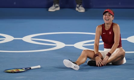 Belinda Bencic, of Switzerland, reacts after defeating Marketa Vondrousova.