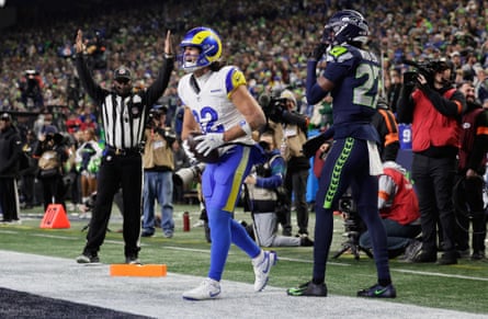 Puka Nacua celebrates his touchdown against the Seahawks.