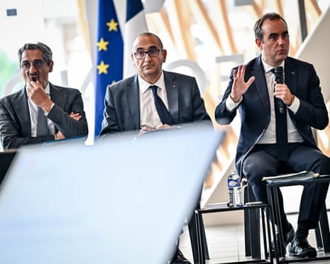 France's prime minister Sebastien Lecornu, flanked with France's interior minister Laurent Nuñez and France's trade minister Serge Papin, speaks to local elected representatives at Technowest, to support the reconstruction of the towns and forests affected by the fires of summer 2026. In Mérignac, Gironde, France.