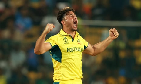 Marcus Stoinis of Australia celebrates the wicket of Imam-ul-Haq.