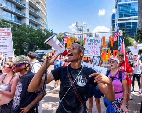 Toni Jones chants during a protest against the Trump administration’s agenda on the second day of the midterm Republican Convention near the American Airlines Center in Dallas, Texas, 10 September 2026.