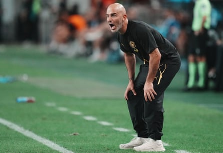 Enzo Maresca shouts instructions to his players during the preseason friendly soccer match between Manchester City and Atletico Madrid in Seoul