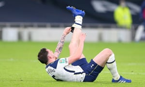 Tottenham’s Pierre-Emile Højbjerg reacts after being fouled by Josh Dasilva, who was sent off.