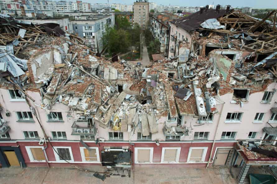 An aerial view shows the destroyed Hotel Ukraine in Chernihiv.