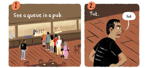 Pub etiquette – it's best to join the queue. By Stephen Collins, panel 2