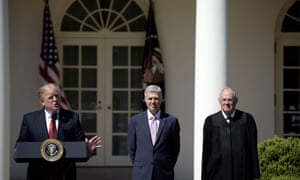 Anthony Kennedy with Trump and Neil Gorsuch in April last year. Kennedy has been the critical ‘swing vote’ on the court for more than a decade.