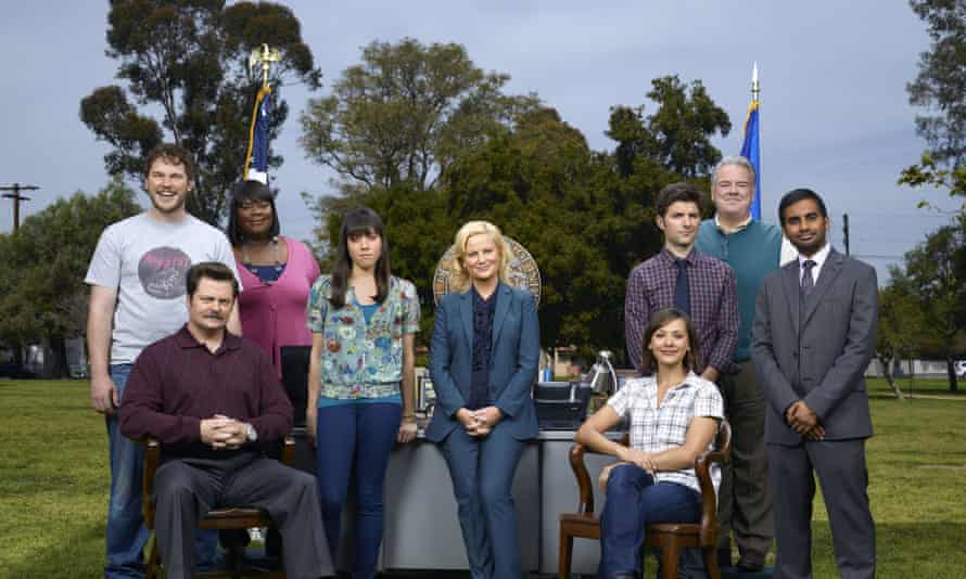 Chris Pratt, Nick Offerman, Retta, Aubrey Plaza, Amy Poehler, Rashida Jones, Adam Scott, Jim O’Heir, and Aziz Ansari in Park and Recreation.
