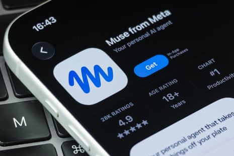 A smartphone screen shows the App Store listing for "Muse from Meta", resting on a laptop keyboard