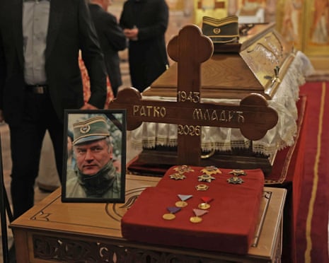 The coffin of the former Bosnian Serb army commander Ratko Mladić, who died last week, is exposed with military honours at the St. Luka Church, in Belgrade, Serbia.