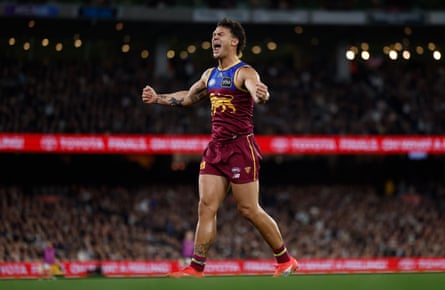 Cam Rayner celebrates during Brisbane’s win over Collingwood in an AFL preliminary final