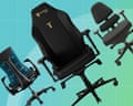 Three ergonomic gaming chairs shown from different angles against a turquoise and green grid background.