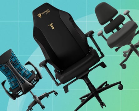 Three ergonomic gaming chairs shown from different angles against a turquoise and green grid background.