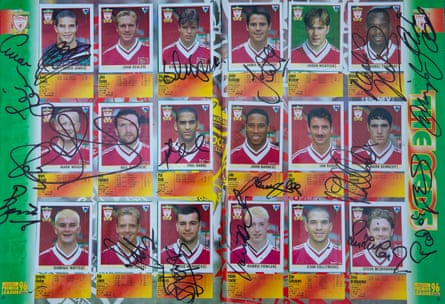 Liverpool autographs in a Premier League sticker album from 1996.