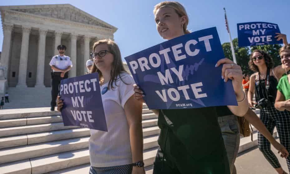 Demonstrators protest gerrymandering at the supreme court building in Washington DC.