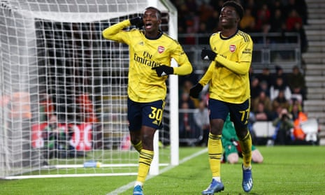 Eddie Nketiah (left) celebrates scoring Arsenal’s second goal in the FA Cup win over Bournemouth.