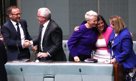 The crossbench celebrate the passing of the medevac bill. Tuesday 12 February 2019. 