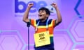 Third-grader Jashit Verma cheers after spelling his word correctly on Tuesday during the preliminary rounds of the Scripps National Spelling Bee in National Harbor, Maryland.