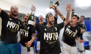 Juventus players celebrating their seventh league titles in a row, at the Stadio Olimpico.