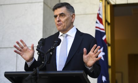 Australia’s Chief Medical Officer Brendan Murphy speaks to the media during a press conference at Parliament House in Canberra, 18 March.