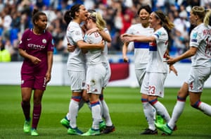 Lyon celebrate after Lucy Bronze’s winner.