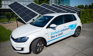 A Volkswagen e-Golf electric car stands in the front of the Volkswagen AG (VW) factory on May 8, 2018 in Dresden, Germany.