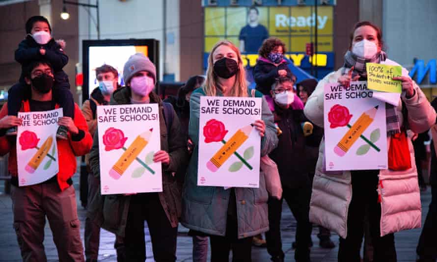 Teachers and union activists protest outside the Barclays Center in Brooklyn, New York, on January 5.