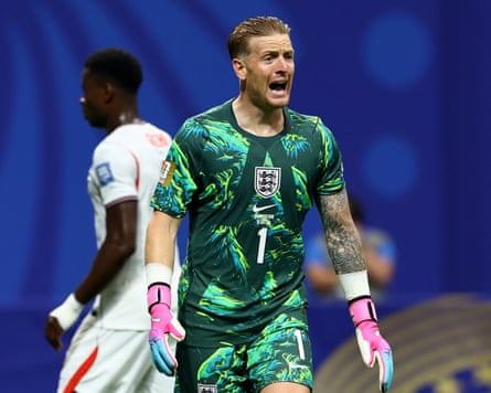 Jordan Pickford in action for England at the World Cup.