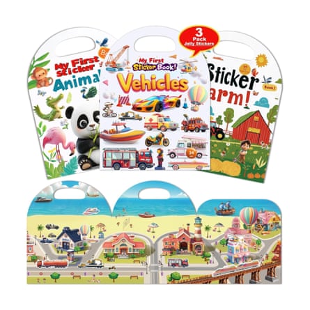 Three-pack of reusable stickers, with animals, vehicles and farm stickers