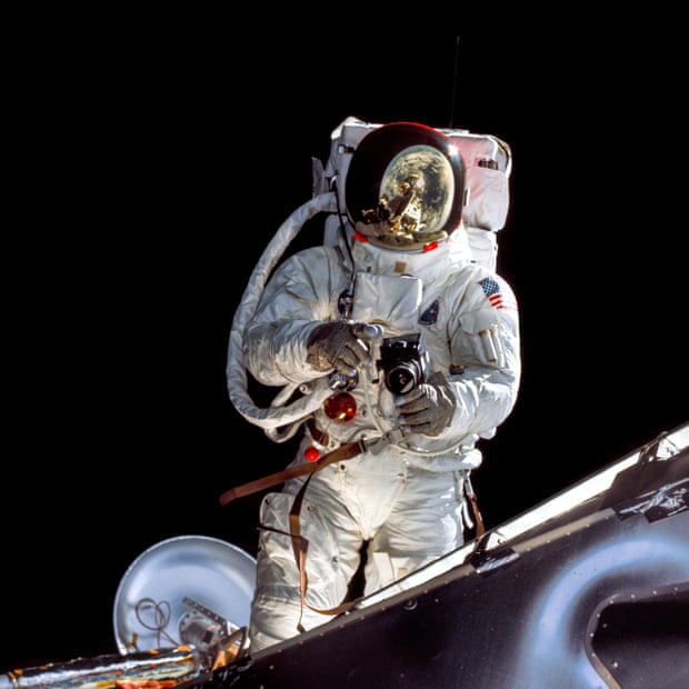 Apollo 9, March 6, 1969, Astronaut David Scott pictured himself wearing Russell Schweikart goggles