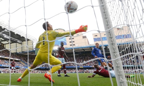 Kai Havertz scores Chelsea’s second goal against West Ham.