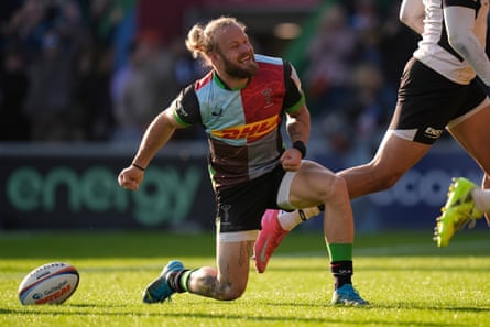 Tyrone Green shows his delight after scoring Harlequins’ second try.