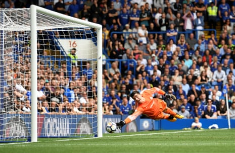 Thibaut Courtois fails to keep out Vokes’ shot.