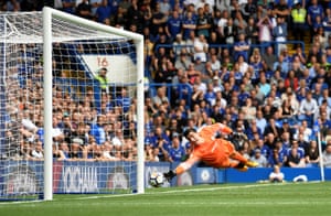 Thibaut Courtois fails to keep out Vokes’ shot.