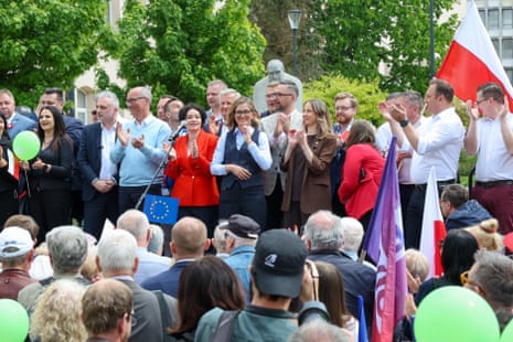 The New Left party candidate in the 2025 presidential elections Magdalena Biejat (C) reacts during a statement to the media before the start of the Polish Left and the All-Polish Trade Unions march to mark the International Workers' Day in Łódz, Poland.