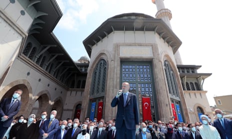 The Turkish president, Recep Tayyip Erdoğan, speaking during the opening of Taksim mosque in Istanbul